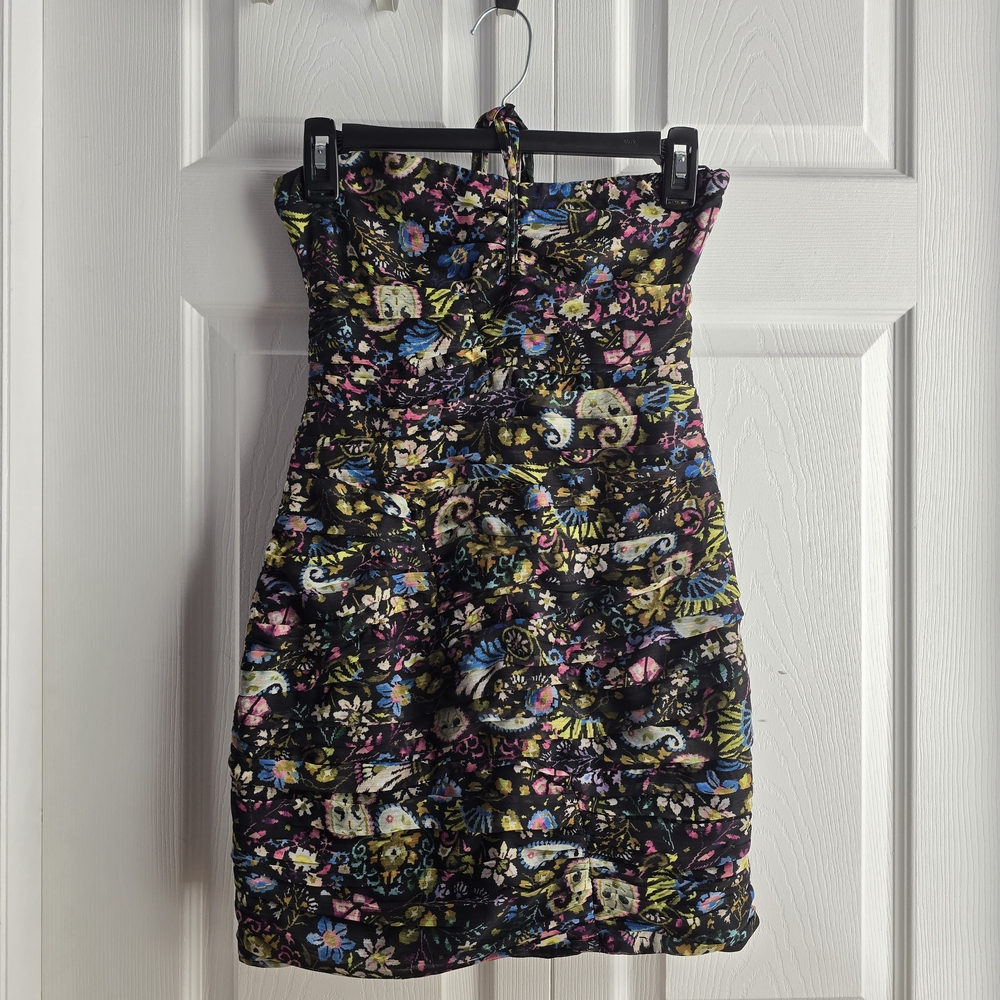 Zara Black Multicolor Floral Halter Neck With Ruching Dress Size XS Length 23in